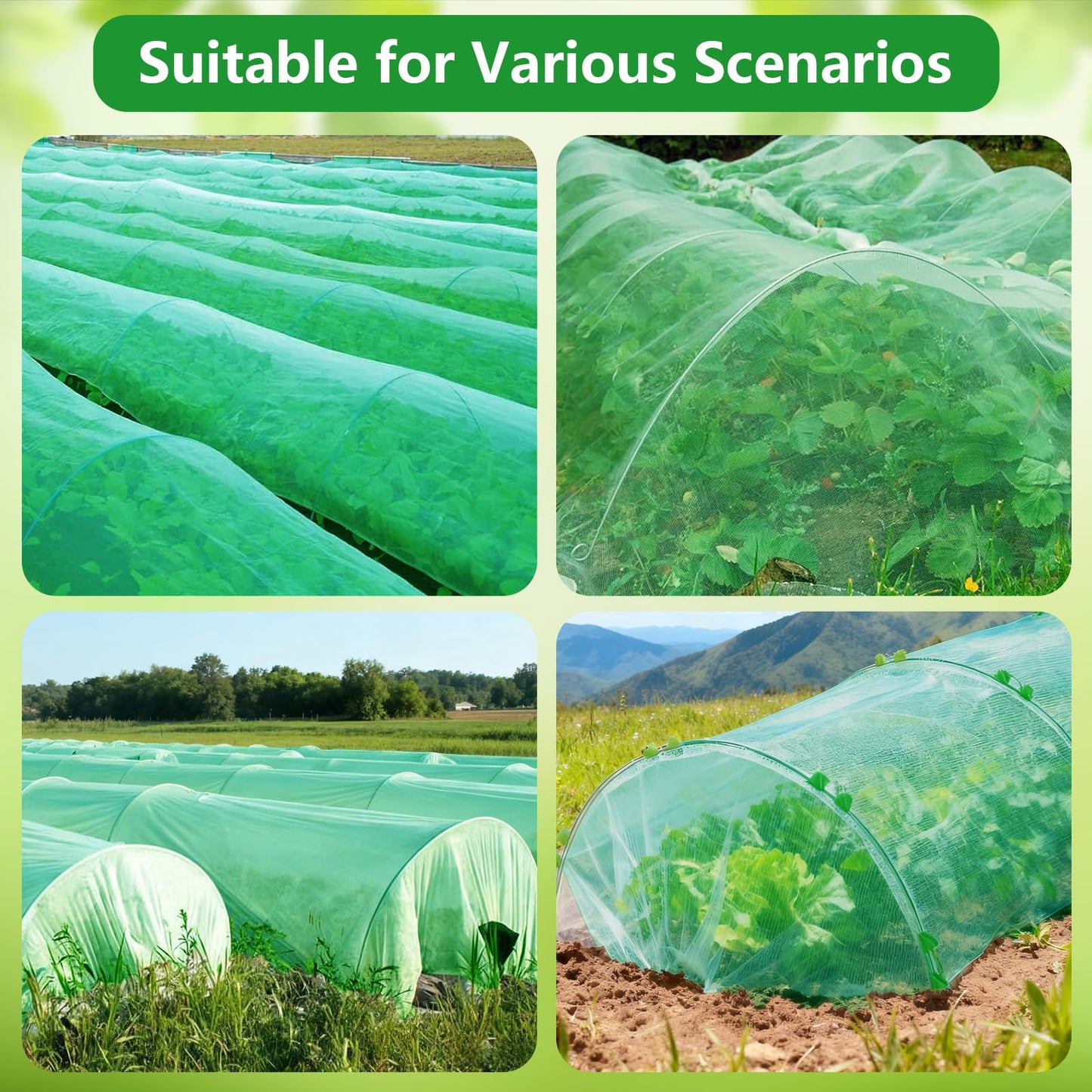 Garden Mesh Netting Kit for Raised Beds, 10x30FT Green Garden Netting ＆6 Sets Fiberglass Garden Hoops, Row Cover Garden Netting Pest Barrier Plant Protection for Vegetable Flowers Fruits