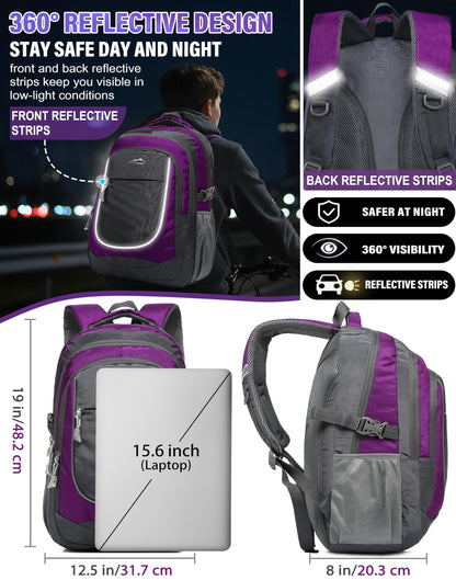ProEtrade Backpack Bookbag for College Sturdy Travel Business Hiking Fit Laptop Up to 15.6 Inch Multi Compartment Gifts for Men Women Night Light Reflective (Purple A)