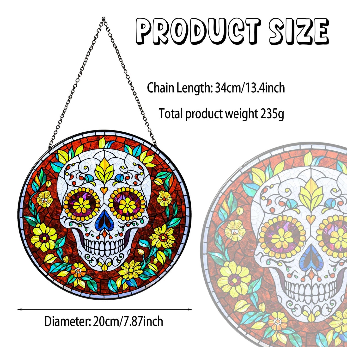Dia De Los Muertos Sugar Skull Stained Glass Window Hanging Skull Sun Catcher Halloween Decor Halloween Home Decoration Suncatchers for Garden Home Windows Hanging, 7.87inch