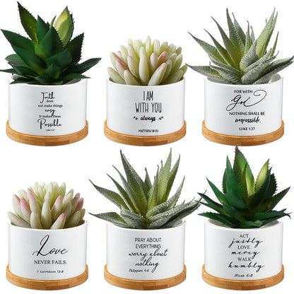 Sieral 6 Pcs Bible Verse Succulent Pots White Ceramic Flower Planter with Bamboo Tray Small Pots Christian Gift Succulent Planters for Patio Garden 3 x 3 x 2 Inch, Plants Not Included(Bible Style)