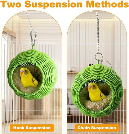 Rattan Birds Nest for Cage Hanging Parakeet House Chewproof Parrot Breeding Bed Small Budgies Hideout Swing Hut Bird Cage Accessories for Lovebirds Cockatiel Conure Finch Canary (Green)