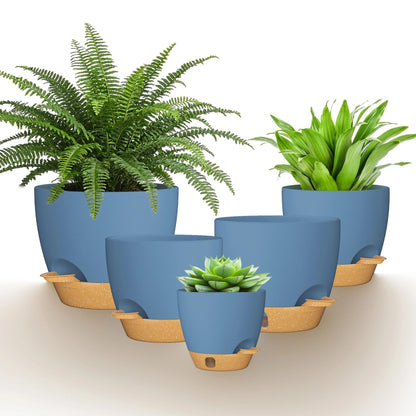 FIASON 12/10/9/8/6 Inch Self Watering Pots for Indoor Outdoor Plants, Set of 5 Large Plastic Planters with Visual Water Window, Drainage Holes & Watering Lip, Modern Decorative Flower Pots (Blue)