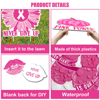 Breast Cancer Awareness Yard Signs with Stakes for Lawn Including Pink Ribbon, Pumpkin, gnome, Gloves Sign for Outdoor Yard Decor Breast Cancer Awareness Party 8pcs
