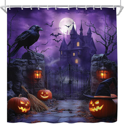 UPUMKSK Purple Haunted Castle Halloween Shower Curtain