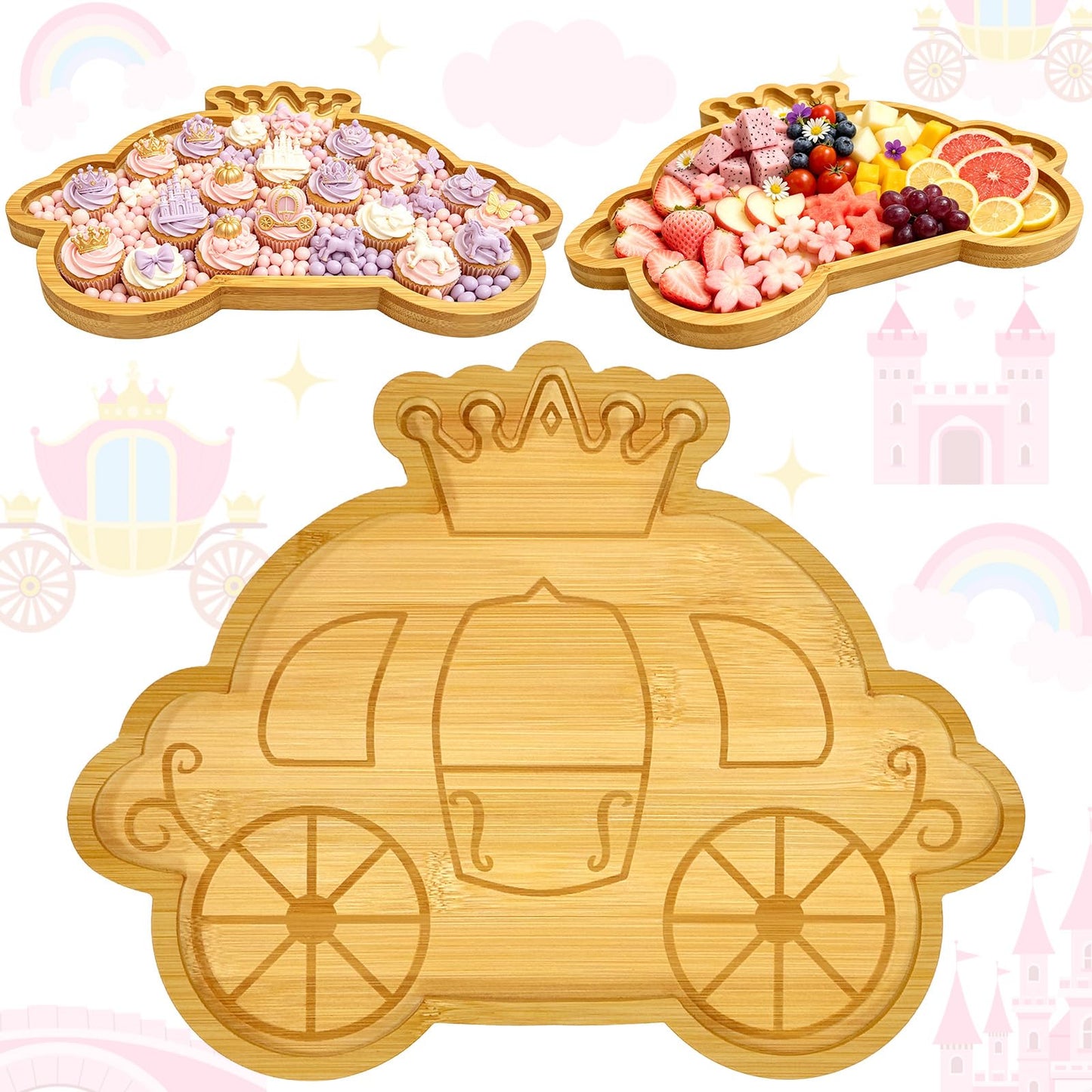 1 Pcs Princess Birthday Party Decorations Wooden Pumpkin Carriage Charcuterie Board Once Upon a Time Party Supplies Platter for Tabletop Reusable Food Trays for Sweet Baby Girls Birthday Party Favors