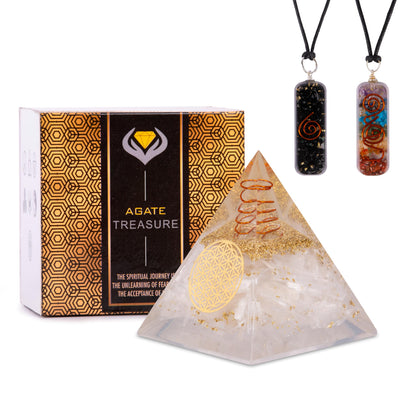 Agate Treasure Selenite Orgonite Pyramid – Energy Crystal for Clarity & Protection – Handmade Spiritual Decor for Meditation, Focus & Inner Peace