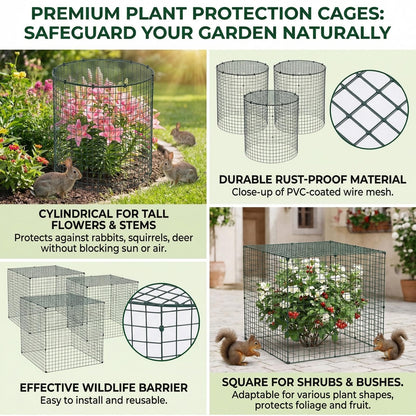 Shimeyao 6 Set Garden Plant Protectors from Animals 12'' x 12'' Metal Wire Protectors Cage with Stakes, Metal Mesh and Detachable Covers Wire Cloche for Keeping Bunny Chicken Out, Garden Protection
