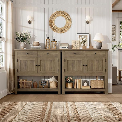 HOSTACK Farmhouse Console Table with 2-Door Cabinet & 2 Drawers, Coffee Bar, Entryway Table with Storage Shelf, Sofa Tables Buffet Sideboard for Kitchen, Hallway, Dining, Living Room, Rustic Brown