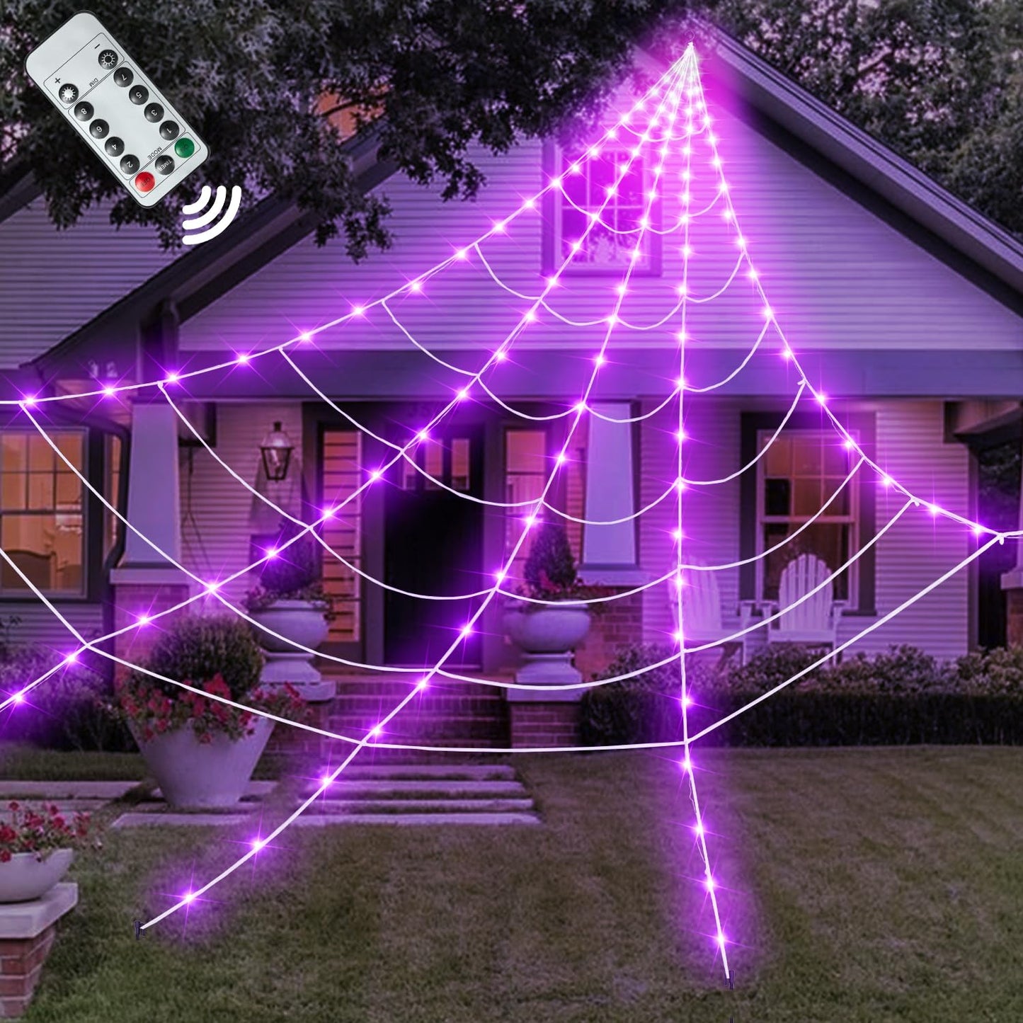 Kendane Halloween Decorations Outdoor and Indoor, 250 LED Halloween Spider Web Light Decorations, 200" Large Light Up Spider Web for Yard(Purple)