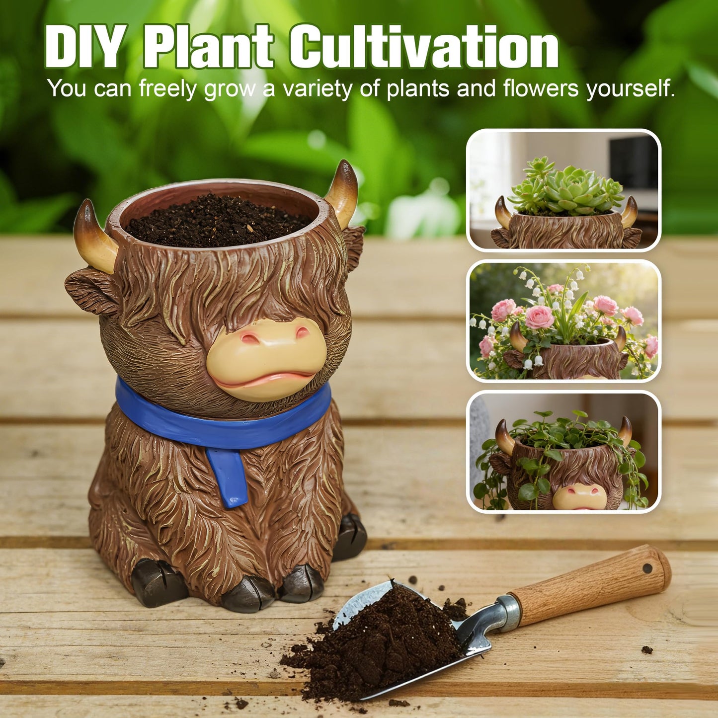 ASDFG Cute Highland Cow Planter Pot - Resin Succulent Pot with Drainage, Aesthetic Scottish Cow Flower Pot for Boho Home Decor, Desk, Patio | Unique Cow Gifts for Women, Mom, Plant Lovers (Brown)