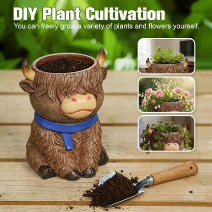 ASDFG Cute Highland Cow Planter Pot - Resin Succulent Pot with Drainage, Aesthetic Scottish Cow Flower Pot for Boho Home Decor, Desk, Patio | Unique Cow Gifts for Women, Mom, Plant Lovers (Brown)