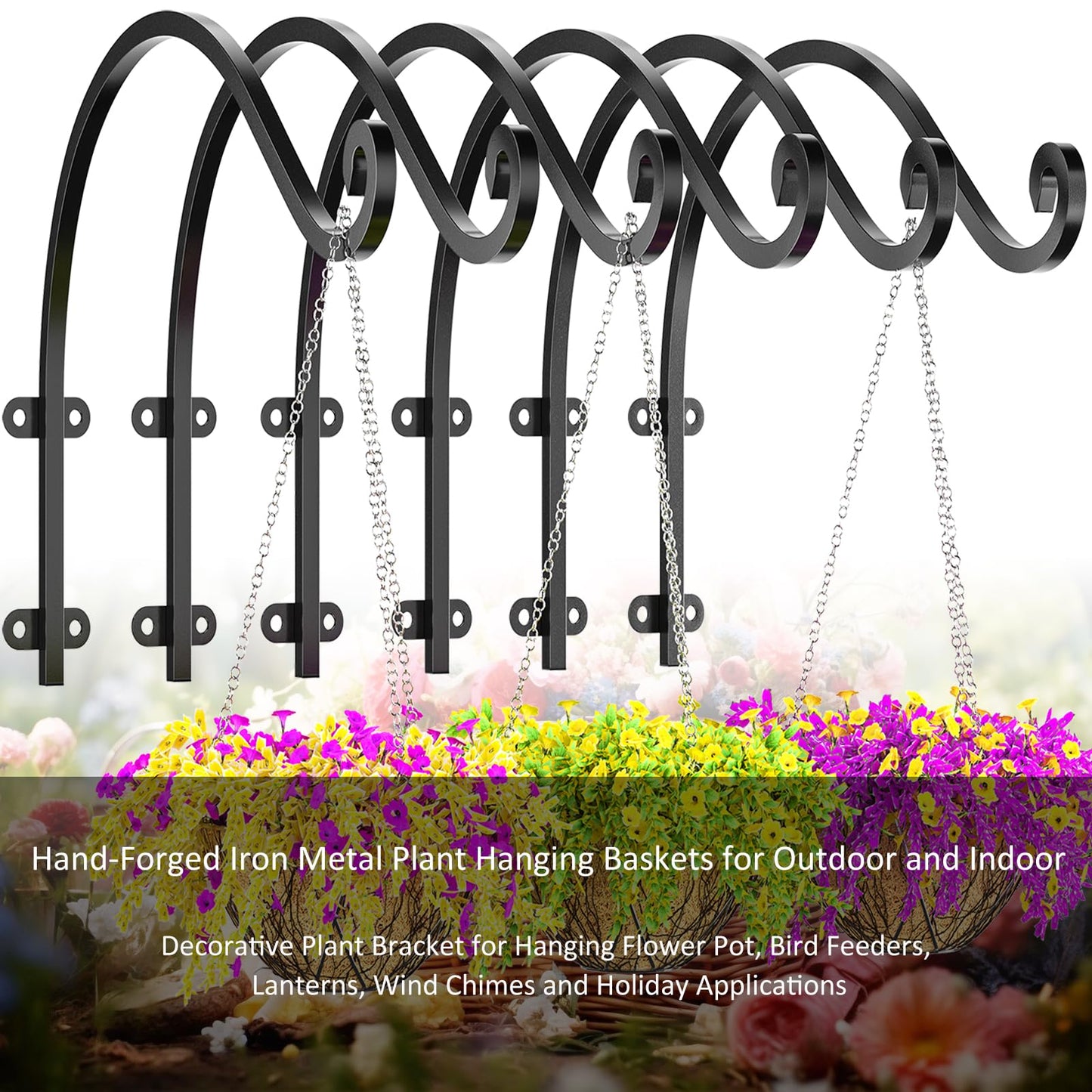 6-Pack Hanging Plant Bracket, 12-Inch Outdoor Hanging Basket Bracket, Black Metal Wall Mount Plant Hooks for Flower Baskets, Bird Feeders and Wind Chimes Indoors and Outdoors - Heavy Duty Plant Hanger
