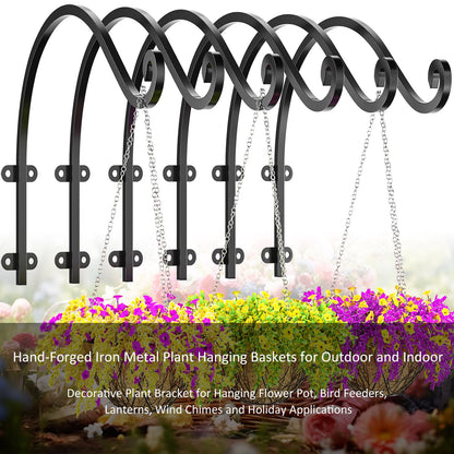 6-Pack Hanging Plant Bracket, 12-Inch Outdoor Hanging Basket Bracket, Black Metal Wall Mount Plant Hooks for Flower Baskets, Bird Feeders and Wind Chimes Indoors and Outdoors - Heavy Duty Plant Hanger