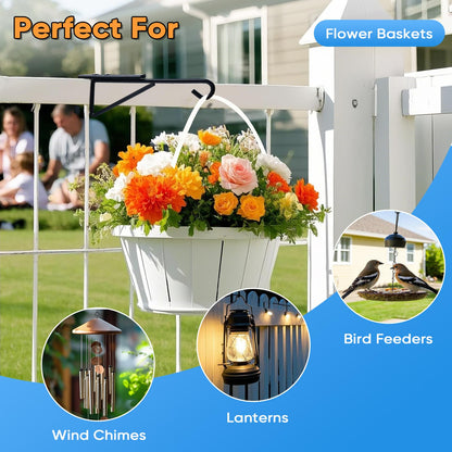 4Pack Adjustable Vinyl Fence Hooks Fit Fence Widths 0.75-3 Inch, Heavy Duty Vinyl Fence Plant Hangers for Hanging Plant Bird Feeders, Lights, Basket Over the Fence Hanger for Hanging Plant Outdoor