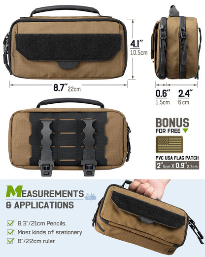 RXW Large Capacity Pencil Case Pouch for Boys, Zippered Tactical Pencil Bag Carry Handle, Small Tool Pouch for Adults (includes US Flag Patch + 2 MOLLE Straps)