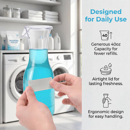 YIMITEE 3 Pack Laundry Detergent Dispenser with 5 Labels, 40 OZ Plastic Fabric Softener Bottle, Reusable Detergent Container, Laundry Room Organizer for Liquid Soap Powder Bleach Scent Booster Beads