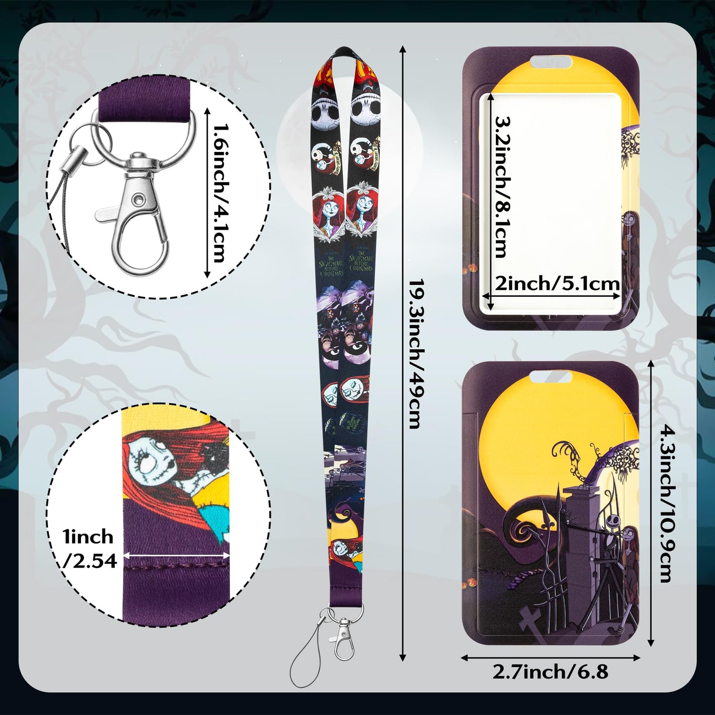 C1krint Halloween Lanyard Card Holders - 4 Set Cartoon Skull Neck Lanyard Strap with ID Badge Holder Horror Jack and Sally Christmas Card Case for Halloween Nurse Students Teachers Office Staff Supply