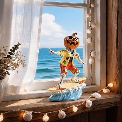 caiydramy Summerween Decorations for Home, 5.9" H Resin Surfing Pumpkin Skeleton Figurine, Spooky Summer Halloween Party Decorations, Tropical Hawaiian Beach Indoor Mantel Table Top Shelf Desk Decor