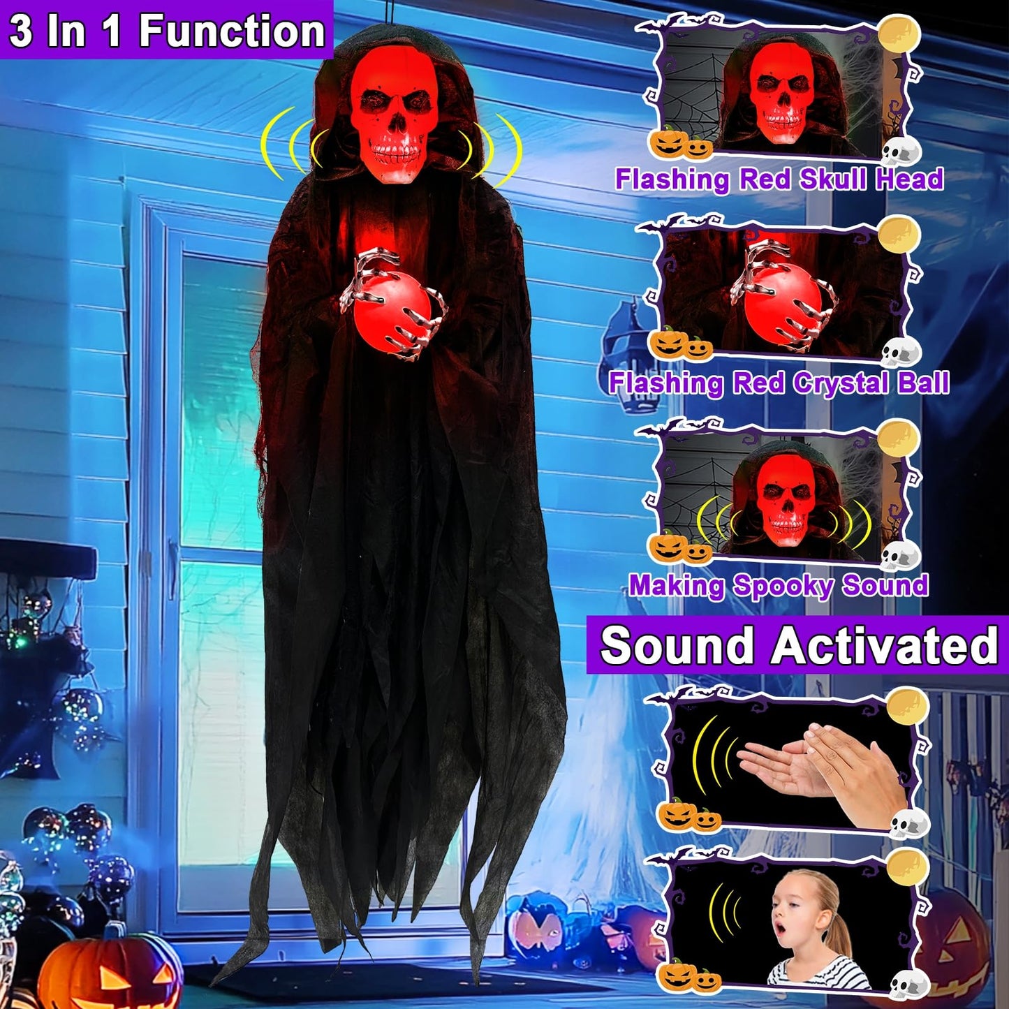 [Sound Activated] 65" Hanging Skeleton Halloween Decorations Outdoor, Halloween Animatronic Grim Reaper Skull Ghost Flash Red Head Holds LED Crystal Ball Creepy Sound for Porch Haunted House Decor