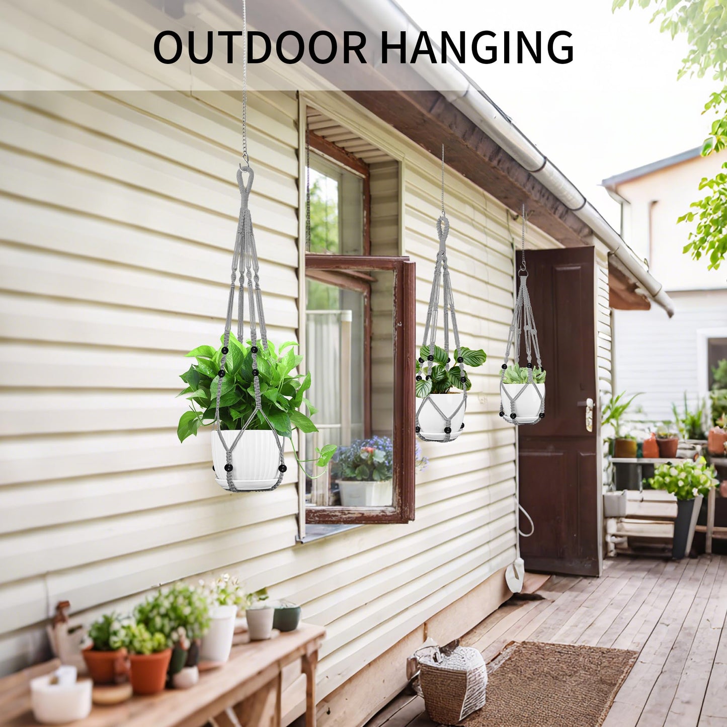 IDEEEPAN Macrame Plant Hanger - Fits 4 to 13 inches Pots for Indoor Outdoor, 35"/29"/23" Different Sizes Set, Gray (POTS NOT Included)