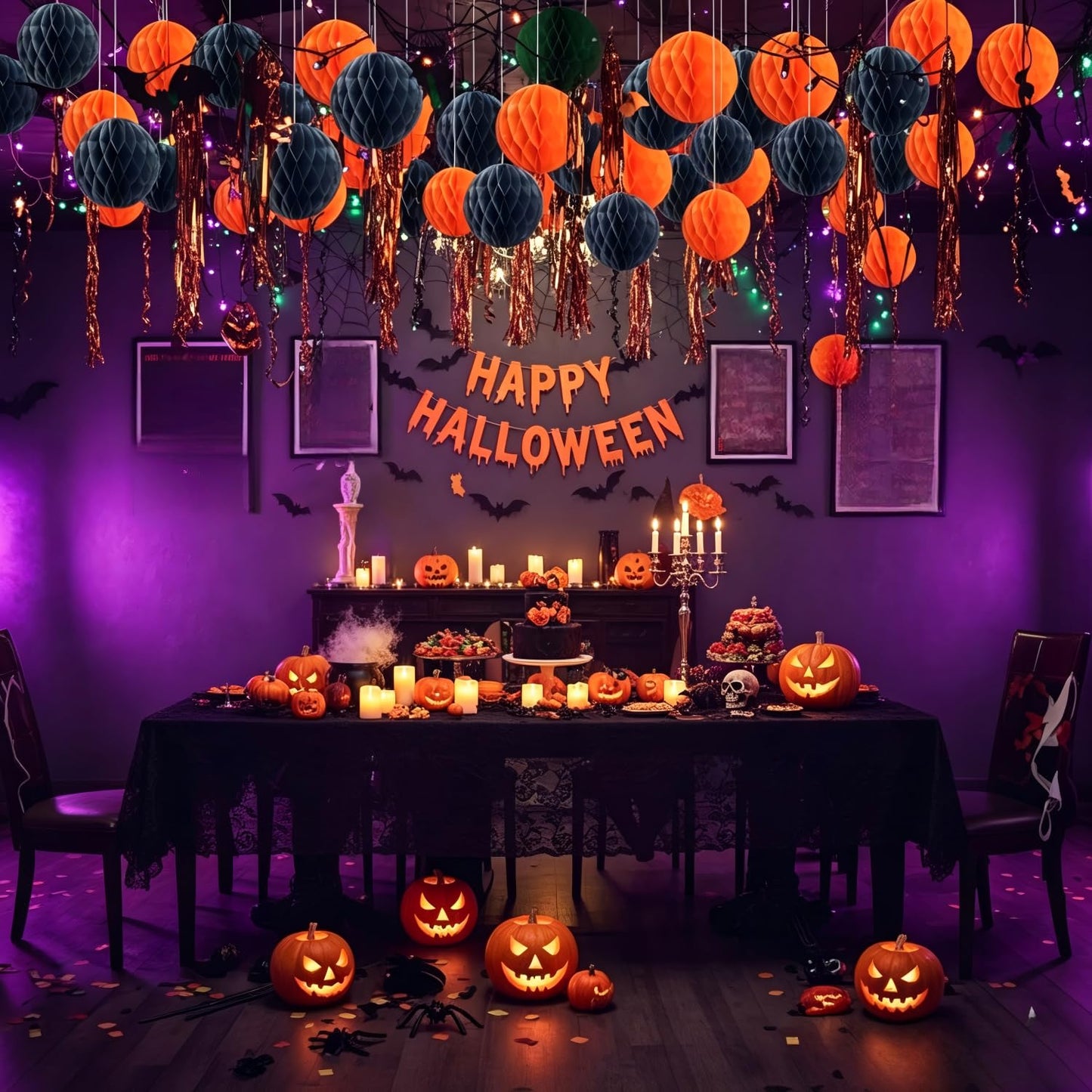 CC wonderland zone 12pcs Black and Orange Paper Honeycomb Balls,Hanging Tissue Pom poms for Halloween Party Decorations
