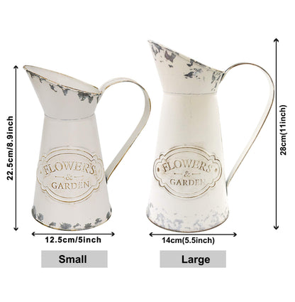 Soyizom Farmhouse White Metal Jugs for Shabby Chic Kitchen Decor, Tall Pitchers for Flowers, Rustic Bathroom Vases - Large, 11 H