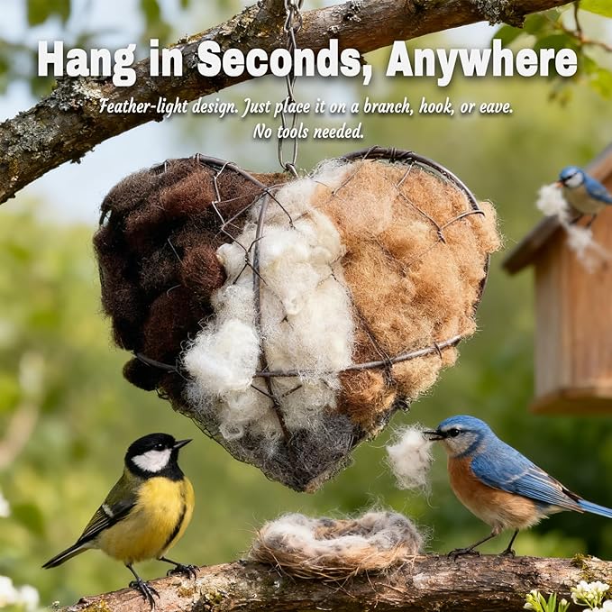 Handmade Fiber Bird Nesting Heart, Alpaca Wool Bird Nest for Outdoor Hanging, Natural Warm Hummingbird House Alternative, Bird Accessories for Garden Trees, Bird Houses for Outside(1Set)