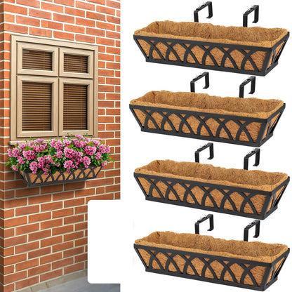 BTRAM 36IN Window Box Railing with Adjustable Brackets, Hanging Flower Planter Basket with Coco Liner for Outdoor Balcony Porch Fence Patio (Black - Set 4)