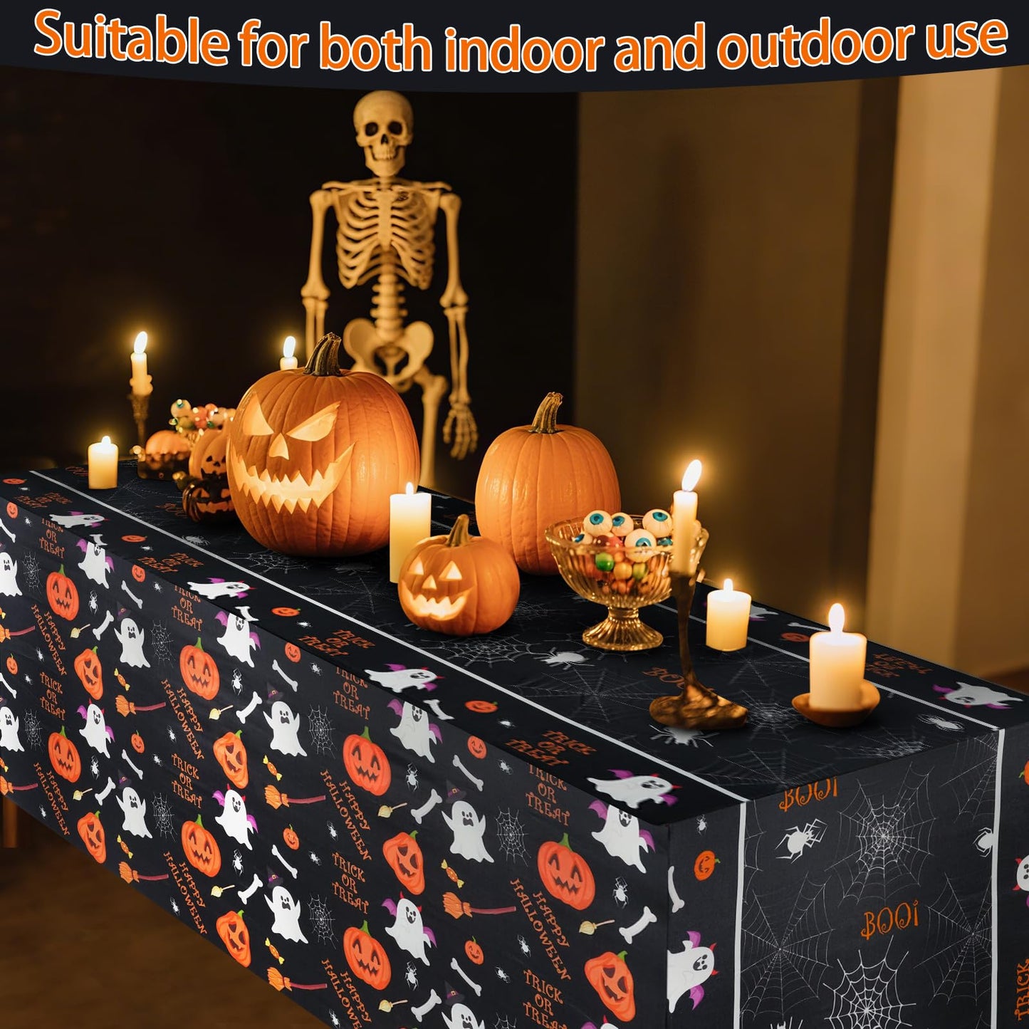 xbaiyanr 6FT Halloween Tablecloth,Pumpkin Spider Web Ghost Table Cloth for Halloween Party Decorations,Table Decor Indoor Outdoor Birthday Party Supplies(Black)