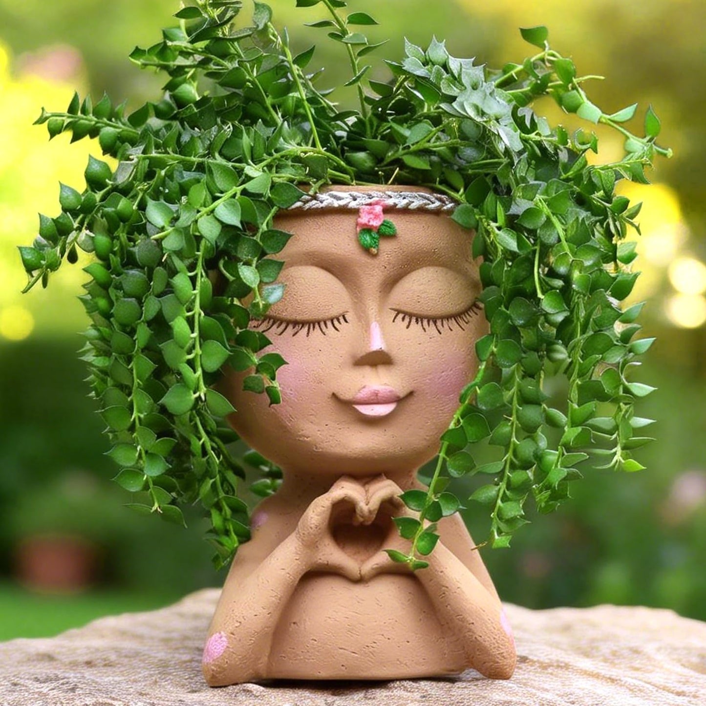 Meltset M Face Planter Pot with Heart Hands, Resin Head Planter for Indoor Plants, Cute Succulent Pots with Drainage Hole, Gardening Gifts for Women Mom Teacher, 7.3" Home Decor (Brown)