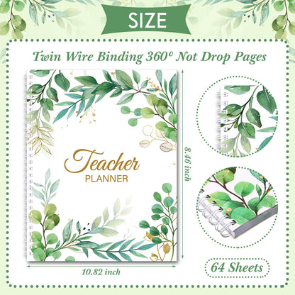 Fuyoooo Eucalyptus Teacher Planner Undated Academic Year Teacher Lesson Planner Book Green Plants Daily Weekly Monthly Spiral Planner Checklist Organizer with Stickers for Classroom, 8.5'' x 11''
