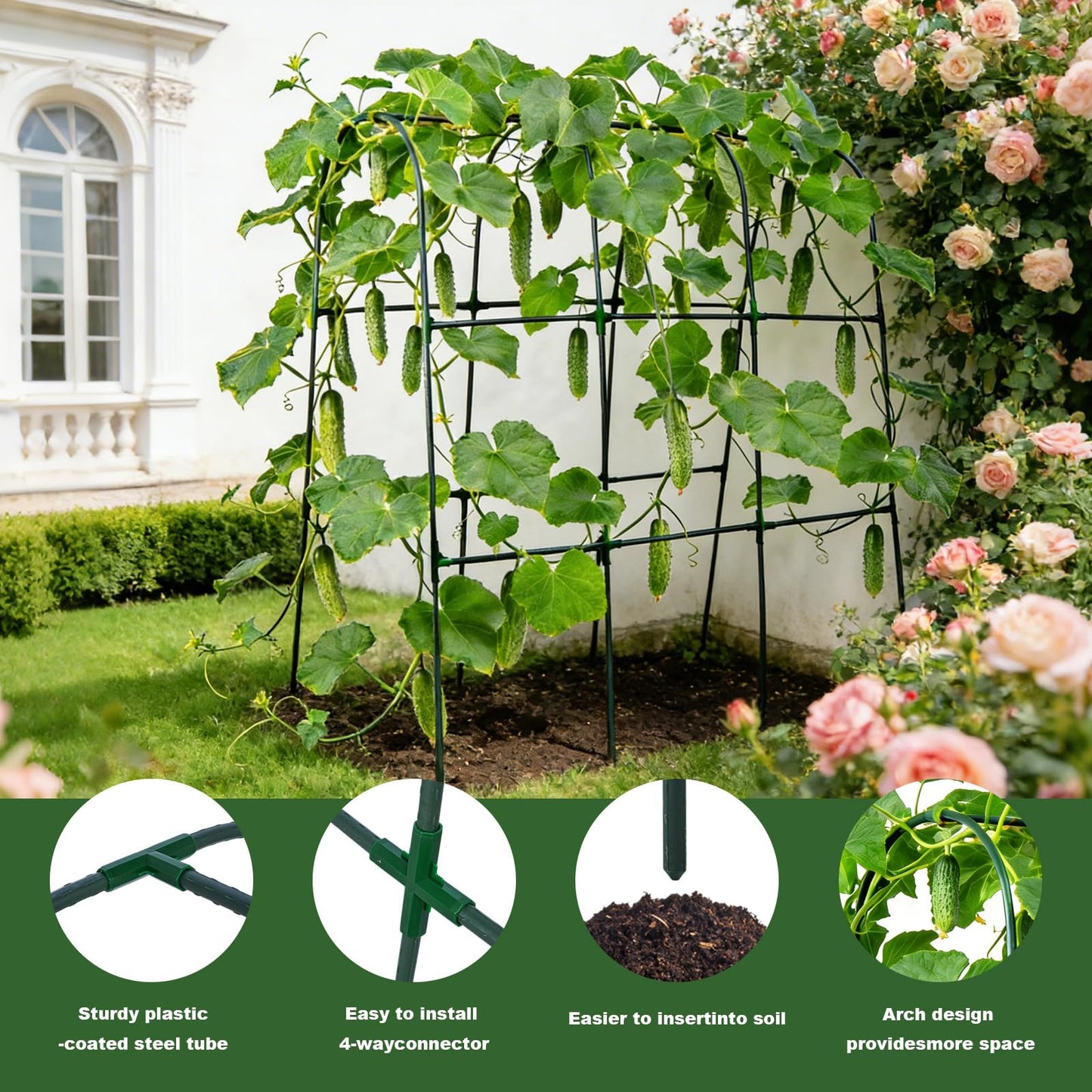 U-Shape Cucumber Trellis for Raised Beds - 47.2”x47.2”x21.6” Green Metal Arch Trellis, Rust-Resistant Garden Plant Support for Climbing Vegetables, Vines, Flowers - Heavy Duty & Easy to Assemble