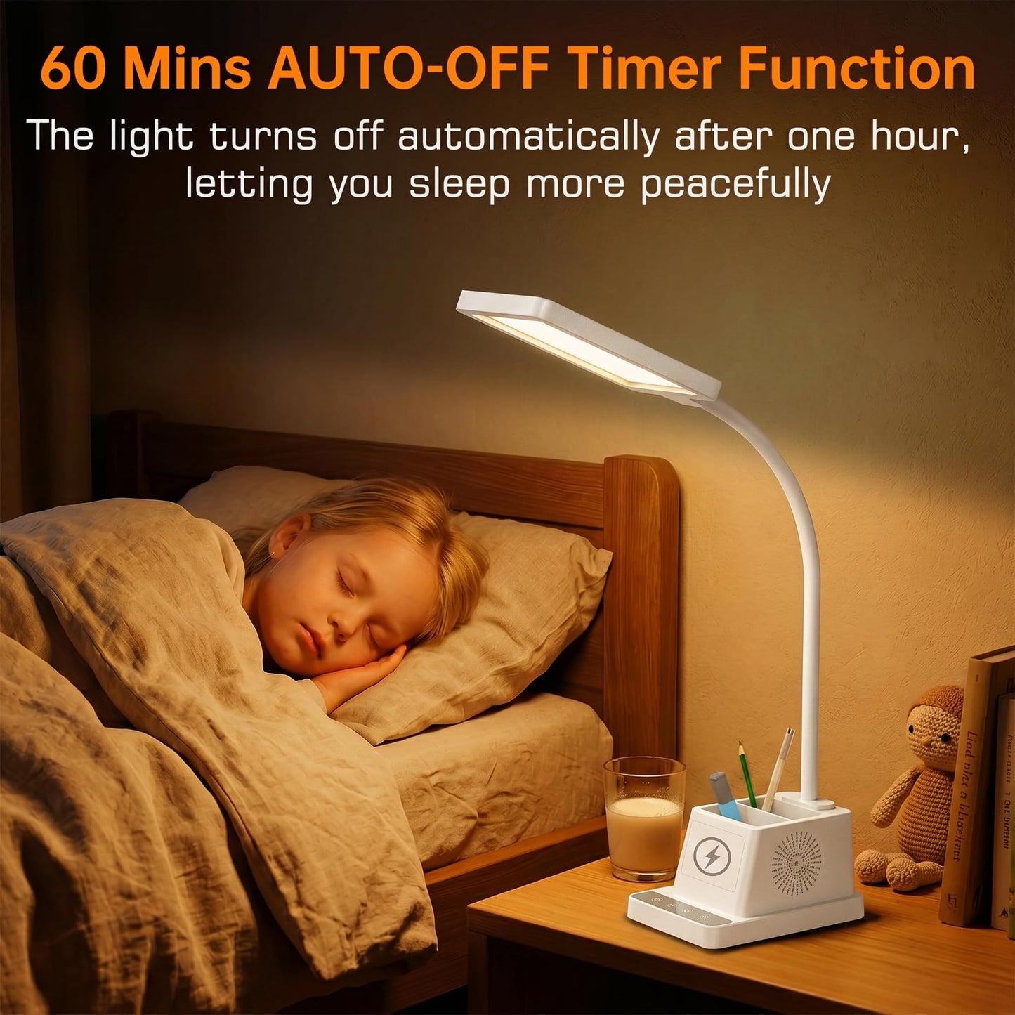 cozoo Desk Lamp, LED Desk Lamps for Home Office with 15W Wireless Charger/Organizer,Desk Lamp for College Dorm Eye-Caring Study Light,Gooseneck Table Lamp with Pen Holders/Storage,12 Lighting Modes