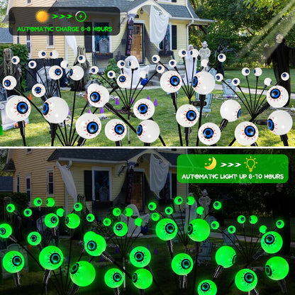 4 Pack Solar Eyeball Lights for Halloween Decorations Outdoor, 24 LED Green Eyeball Solar Halloween Lights, Waterproof Swaying Firefly Lights with 2 Modes for Pathway Patio Yard Lawn Garden Decor