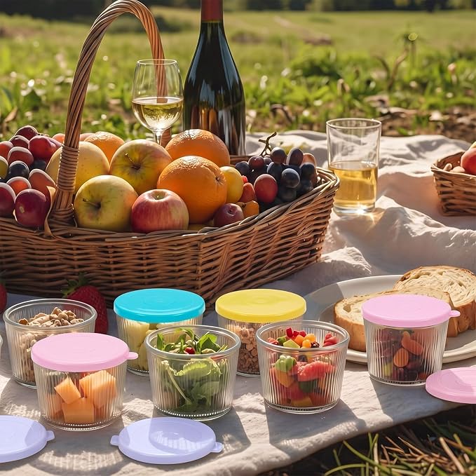 8 Sets Small Glass Bowls with Pastel Lids 6.8oz Ribbed Clear Glass Containers Stackable Dessert Custard Pudding Cups Condiment Bowls for Sauces Dips Nuts Oats Candy Dessert Cereal
