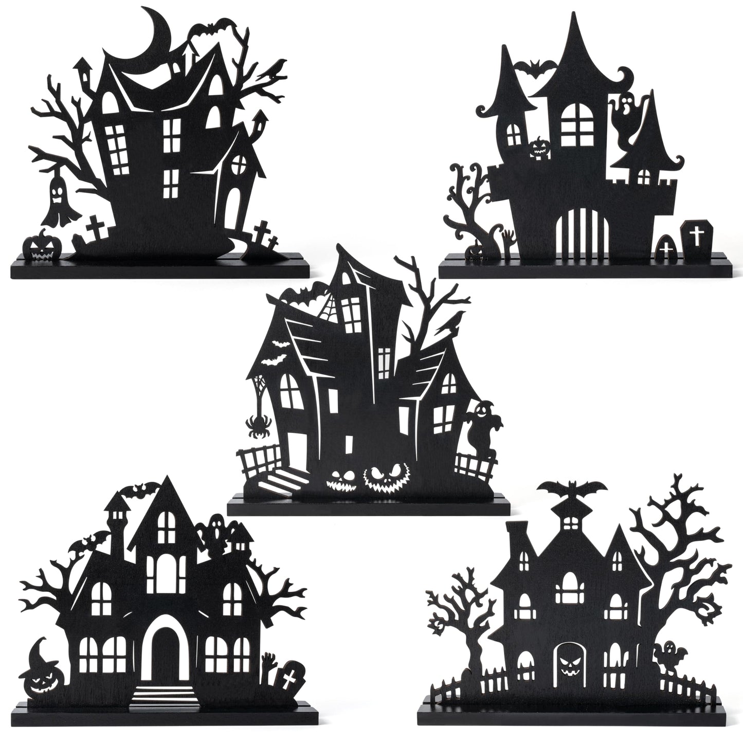 WATINC Halloween Wooden Centerpiece Decorations - 5Pcs Silhouette Haunted House Wood Tabletop Decor, Black Sketch Ghost Pumpkin Boo Detachable Tiered Tray Signs Tables Topper for Home Kitchen Party