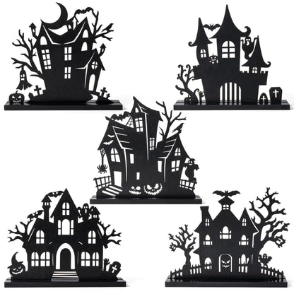 WATINC Halloween Wooden Centerpiece Decorations - 5Pcs Silhouette Haunted House Wood Tabletop Decor, Black Sketch Ghost Pumpkin Boo Detachable Tiered Tray Signs Tables Topper for Home Kitchen Party
