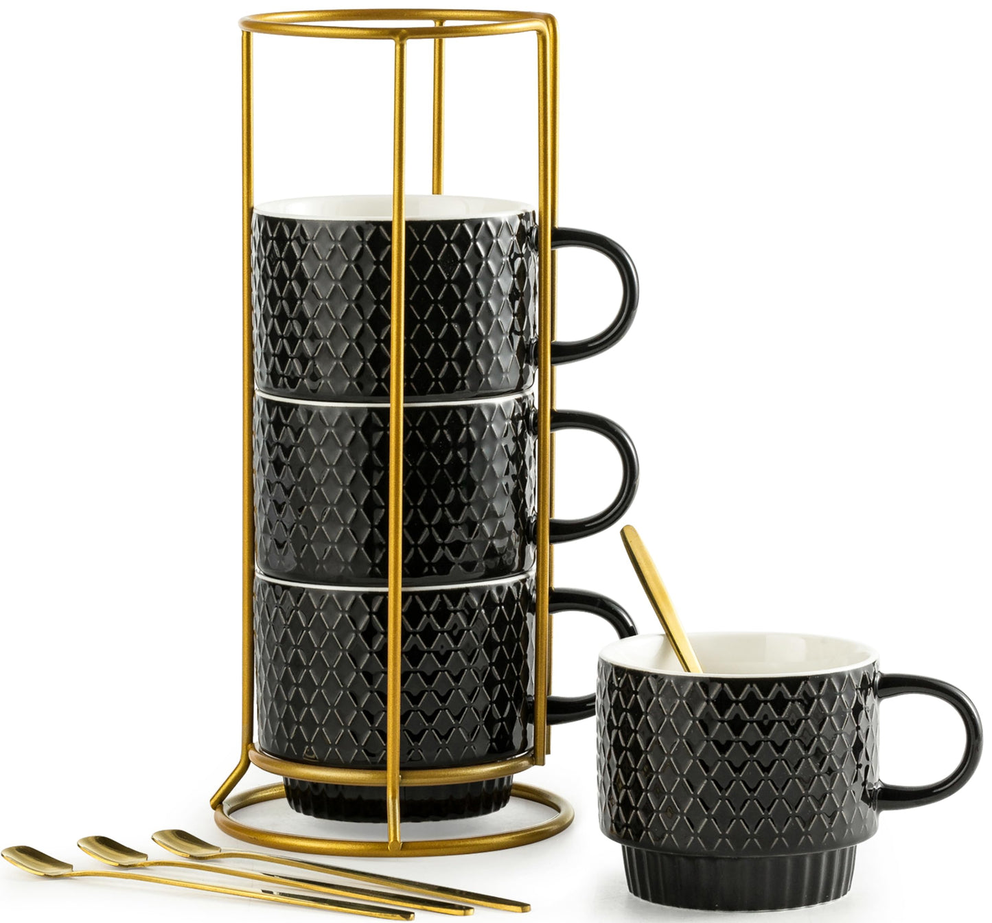 LYEOBOH Stackable Coffee Mugs Set of 4 with Rack & Spoons Coffee Mug Set 13 OZ., Ceramic Embossed Grinding Demitasse Cups Set Cappuccino Cup Halloween for Coffee, Latte, Macchiato, Espresso, Black