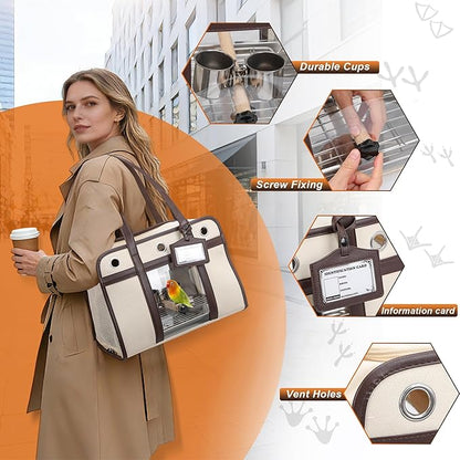 Sanmoncare Stylish Bird Carrier with PU Leather Handle, Portable Travel Cage for Cockatiels & Conures, Lightweight Parrot Bag with Stainless Steel Tray, Vet Visit, White