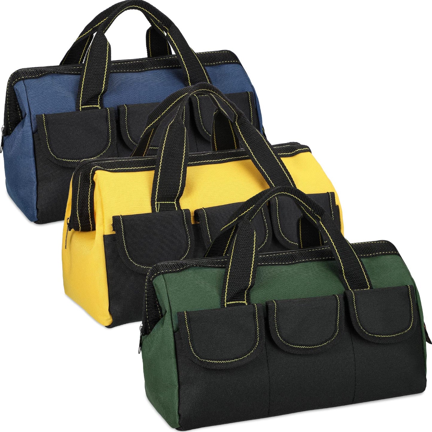 Sanwuta 3 Pack Tool Bag for Men with Waterproof Hard Bottom, Heavy Duty Tool Bag Wide Mouth Tote for Various Instrument, Electrician Carpenter Mechanic(13 Inch,Blue, Yellow, Army Green)