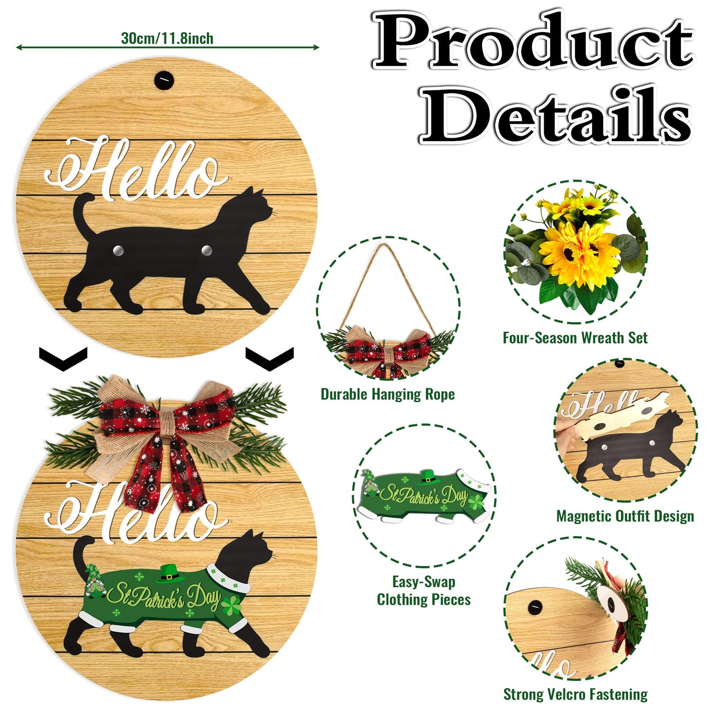 19pcs Interchangeable Welcome Sign Black Cat - Interchangeable Holiday Cat Decor Door Hanger, Upgraded Strong Magnet Extra Secure Fit, Seasonal Welcome Cat Wreaths Decoration for Front Door