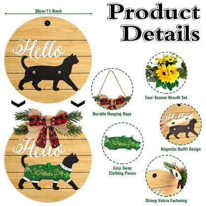 19pcs Interchangeable Welcome Sign Black Cat - Interchangeable Holiday Cat Decor Door Hanger, Upgraded Strong Magnet Extra Secure Fit, Seasonal Welcome Cat Wreaths Decoration for Front Door