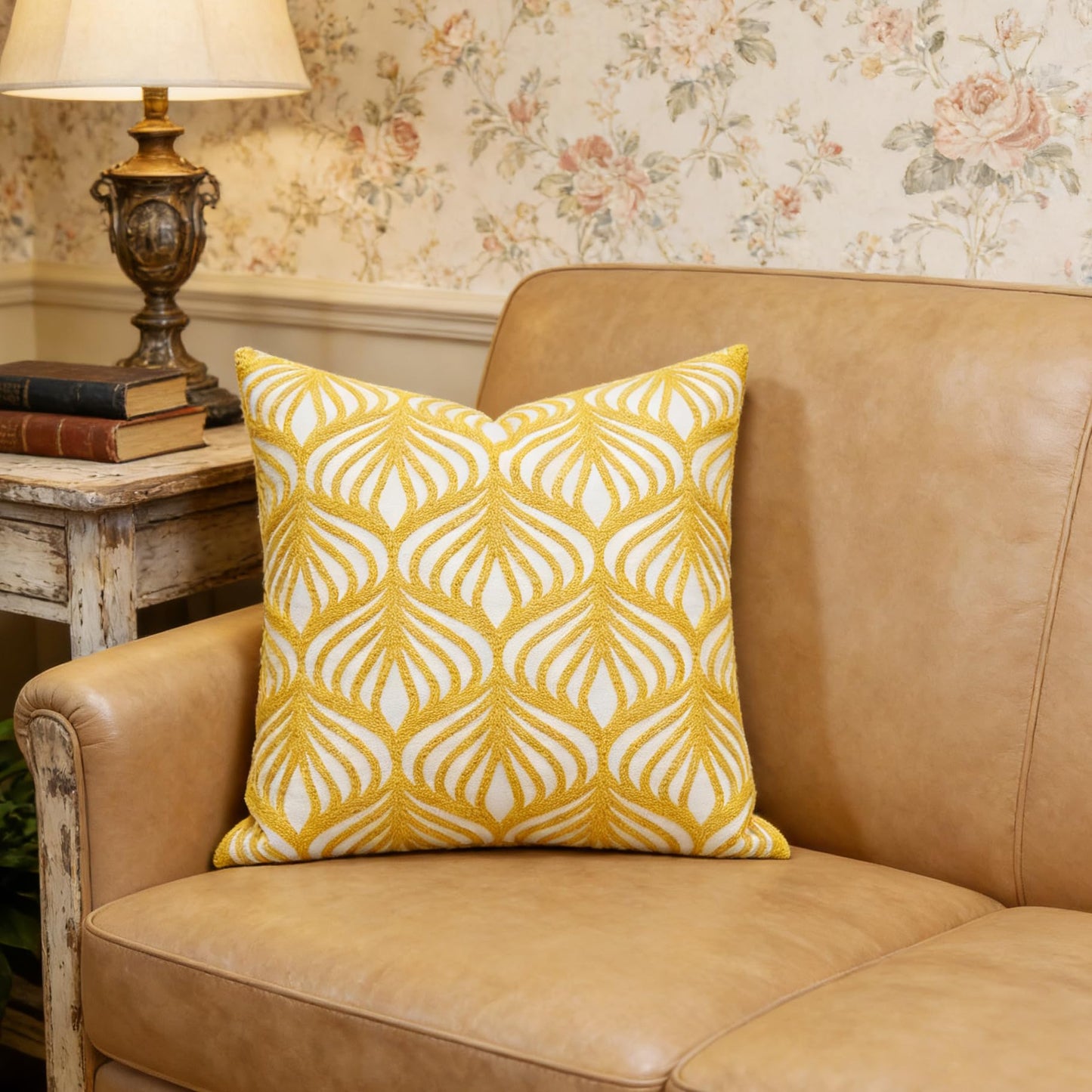 Slow Cow Embroidery Decorative Throw Pillow Cover Case for Couch Sofa Home Decor Modern Geometric Accent Pillow Cushion Cover 18 x 18 Inches Yellow