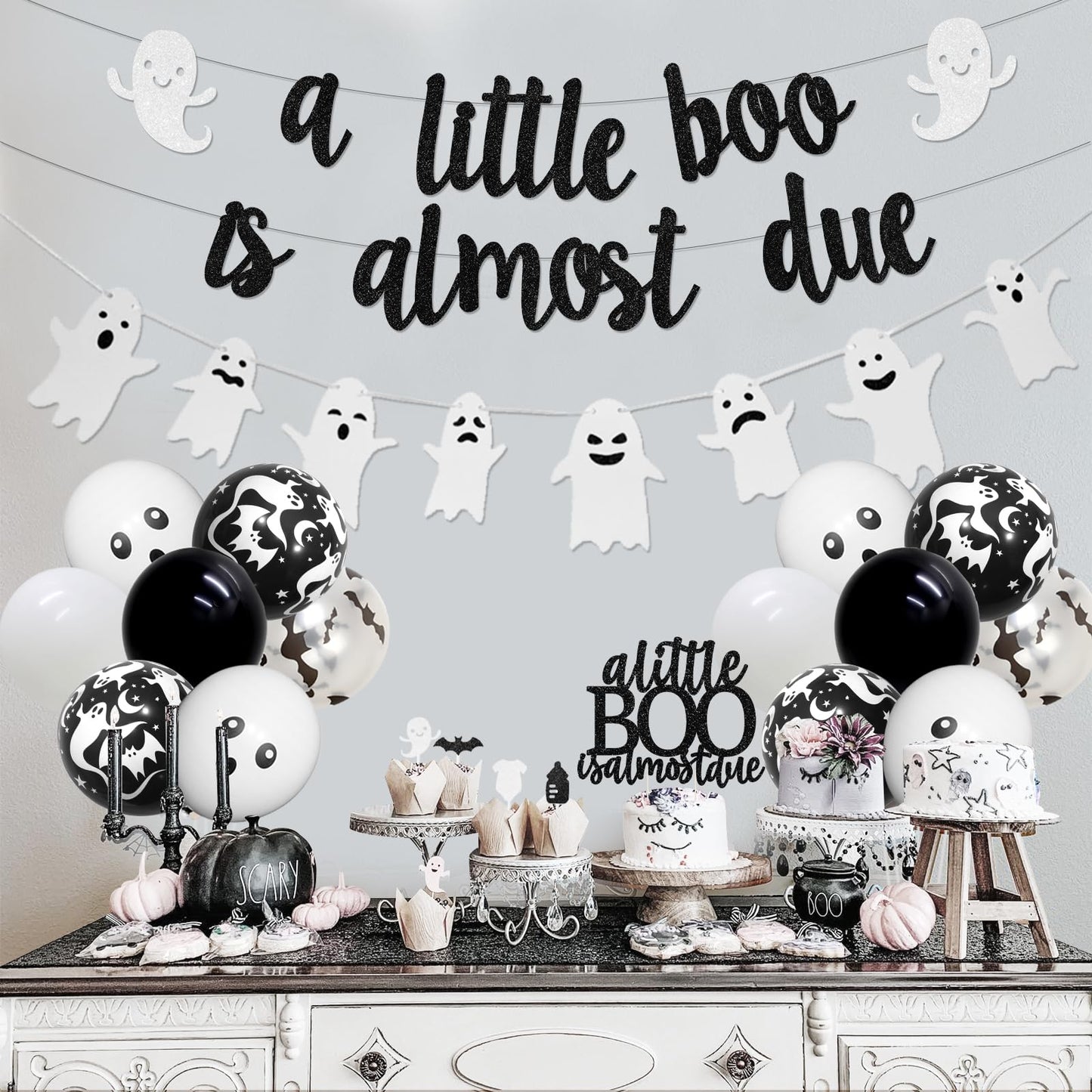 Balterever a Little Boo is Almost Due Baby Shower Decoration Black White Halloween Baby Shower Decor with a Little Boo is Almost Due Banner Garland Cupcake Cake Topper for Halloween Gender Reveal