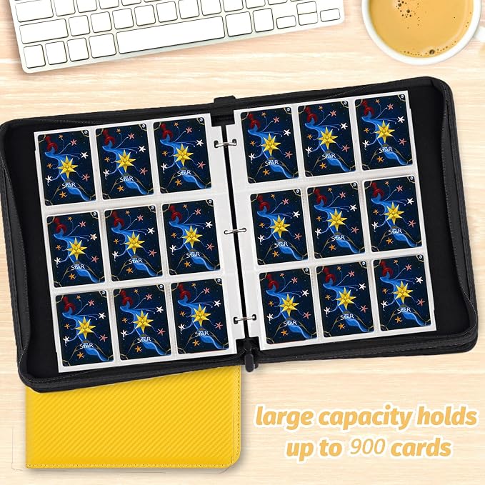900 Pockets Round Ring Trading Card Binder, 9-Pocket Clear Zipper Card Album with Wrist Strap, Holds 900 Standard TCG & Sports Cards, Not Fit Top Loaders (Carbon Yellow)