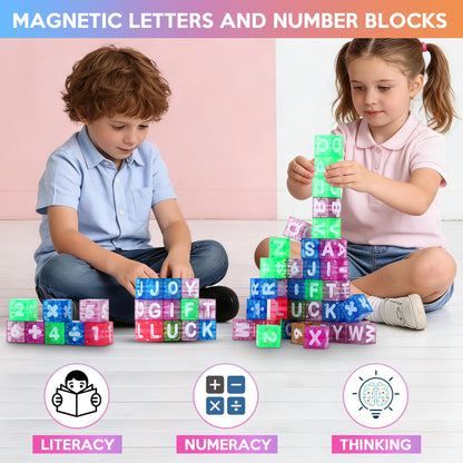 TRILVIX 40 PCS Magnetic Alphabet Blocks, STEM Educational Learning Toys for Kids Ages 3+, Letter Number Building Set with Travel Storage Case, Montessori Toy Gift