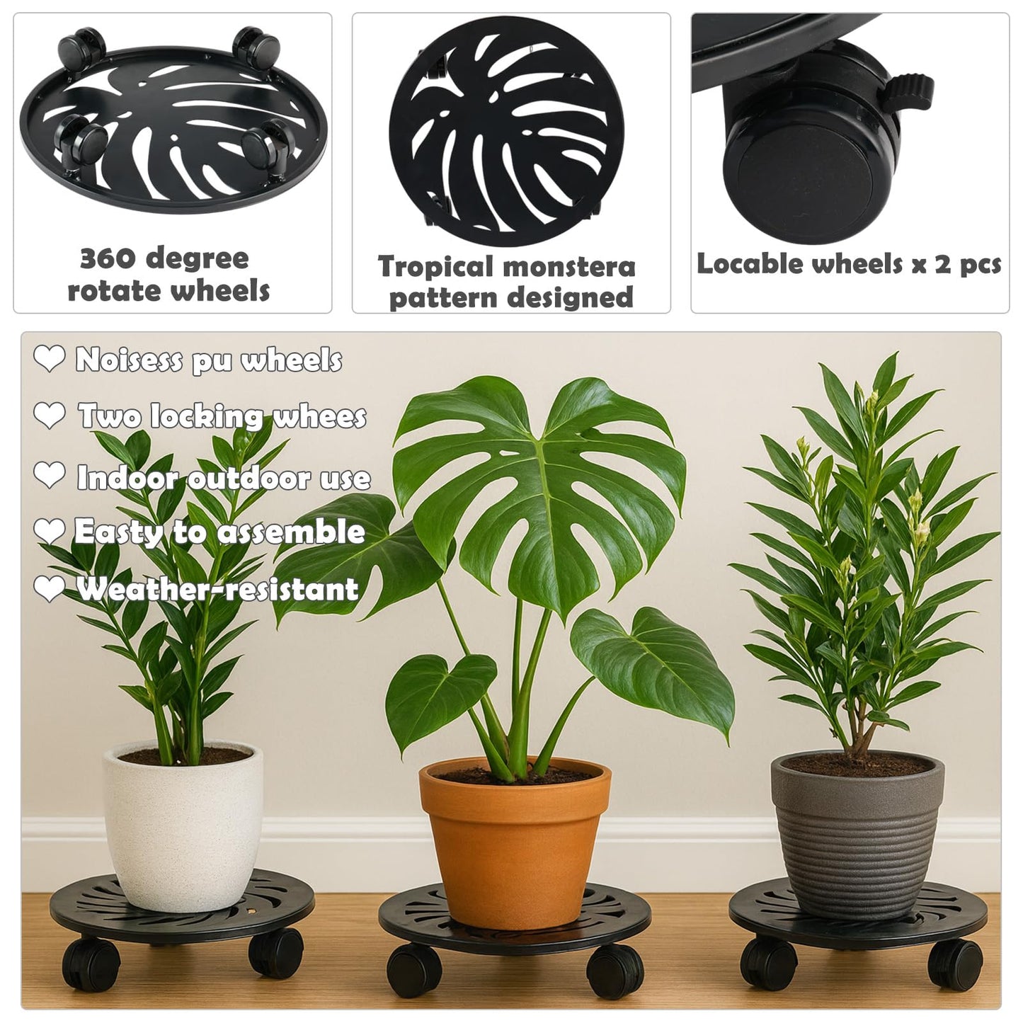 lucpur 2-Pack 12" Round Metal Plant Caddy with Wheels Heavy-Duty Large Rolling Plant Stand Indoor Outdoor Wheeled Planter Dolly Cart Coaster Flower Pot Mover Roller Base, Garden Trolley