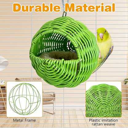 Rattan Birds Nest for Cage Hanging Parakeet House Chewproof Parrot Breeding Bed Small Budgies Hideout Swing Hut Bird Cage Accessories for Lovebirds Cockatiel Conure Finch Canary (Green)