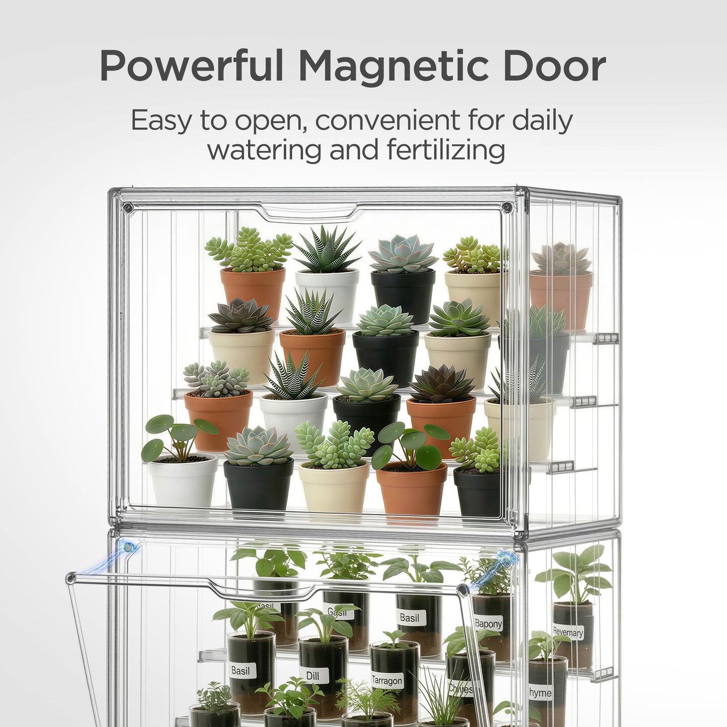 HBlife Mini Greenhouse for Indoor, Clear Stackable Green House with Magnetic Door & Adjustable Drainage Dividers, Tabletop Portable Greenhouse for Small Plants Nursery Germination and Display, 2 Pack