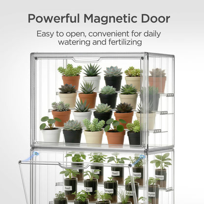 HBlife Mini Greenhouse for Indoor, Clear Stackable Green House with Magnetic Door & Adjustable Drainage Dividers, Tabletop Portable Greenhouse for Small Plants Nursery Germination and Display, 1 Pack